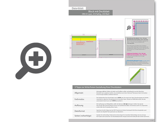 Product Bild block_mit_leimbindung_und_deckblatt__din_a5_quer__200_blatt__5_0_farbig_einseitig_bedruckt_(cmyk_4-farbig_+_1_sonderfarbe_hks_oder_pantone)